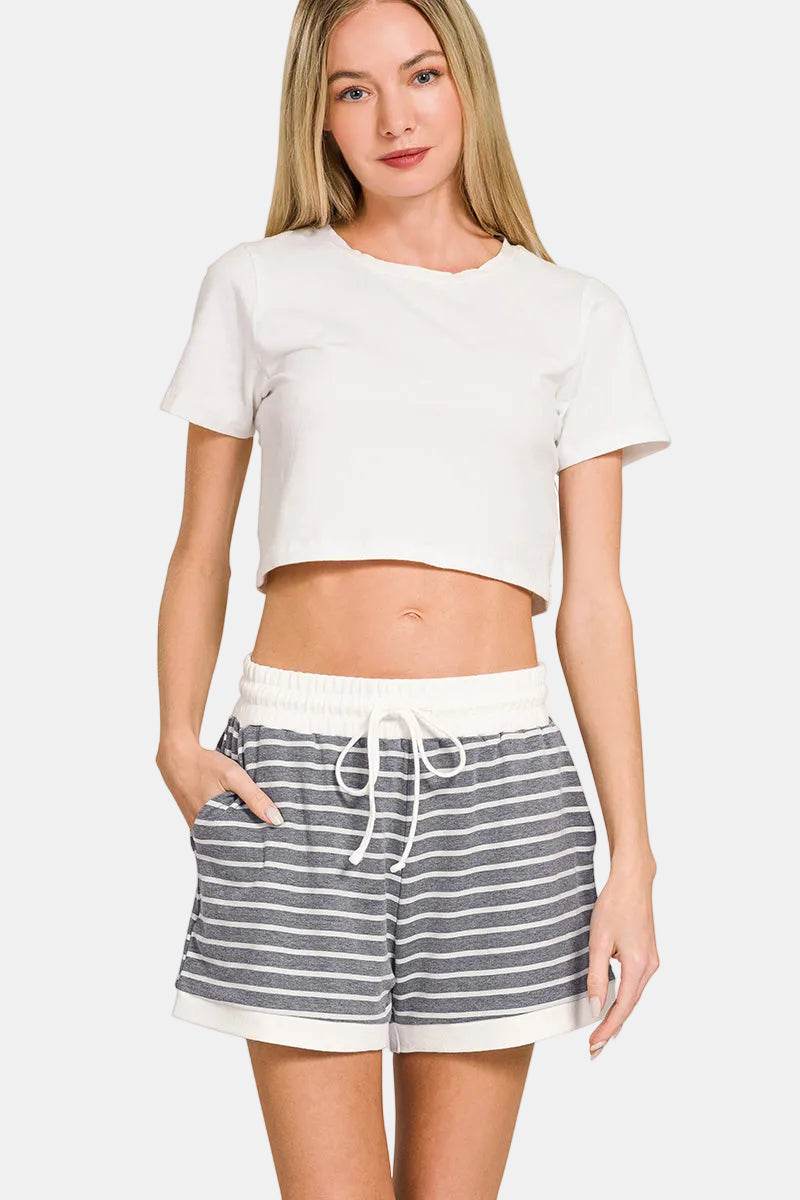 Stripe Contrast Trim Top & Shorts Set / CORNFLOWER BLUE