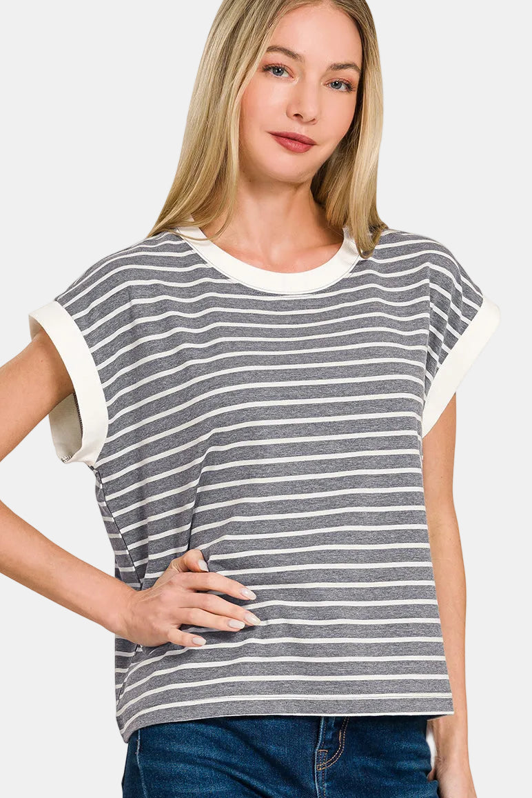 Stripe Contrast Trim Top & Shorts Set / CORNFLOWER BLUE