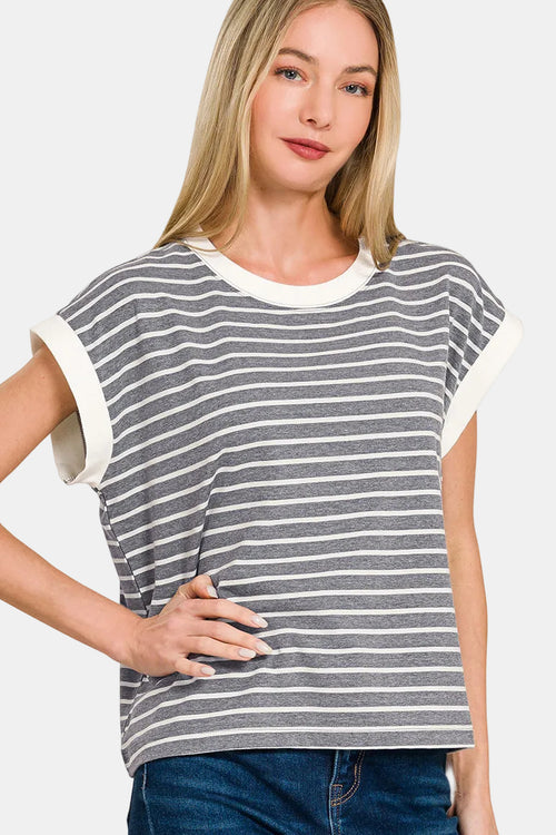 Stripe Contrast Trim Top & Shorts Set / BLACK