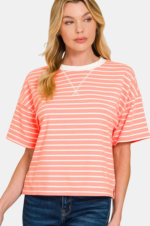 Striped Round Neck Tee & Shorts Set / BLACK