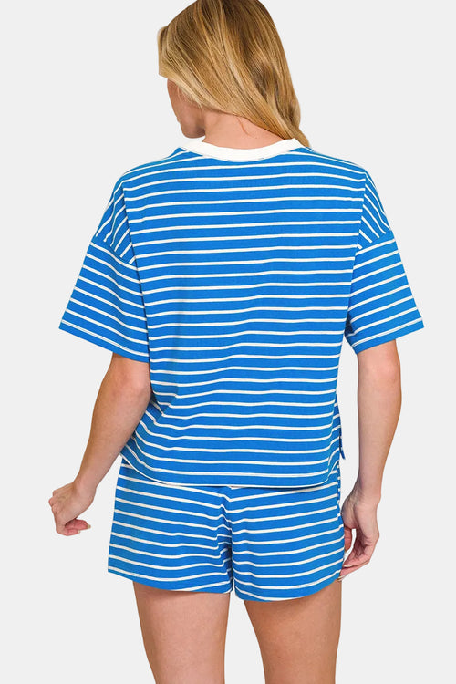 Striped Round Neck Tee & Shorts Set / BLACK