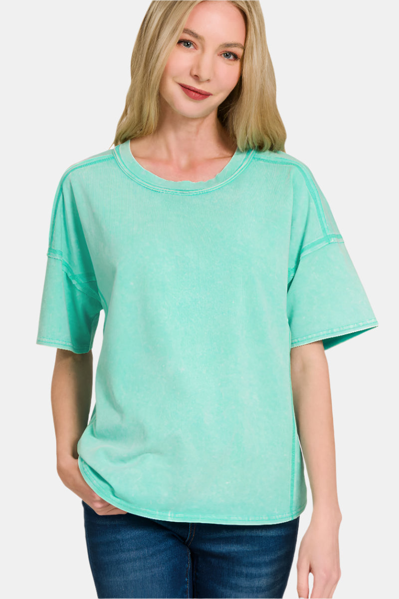 Acid Washed Short Sleeve Tee & Shorts Set / DUSTY TEAL
