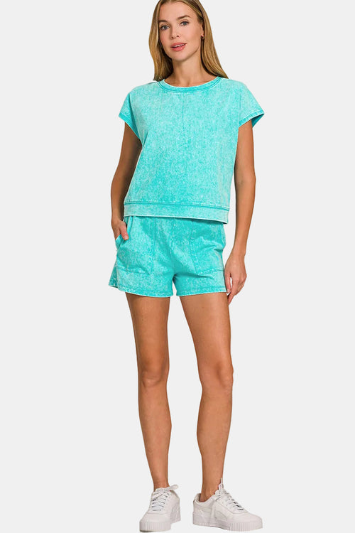Premium Cotton Washed Sleeveless Top & Shorts Set / OCEAN BLUE