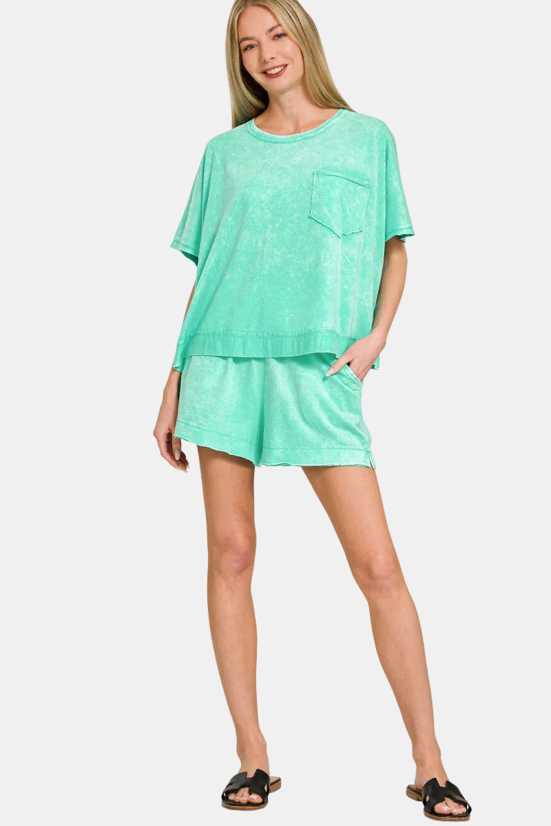 Acid Washed Oversized Top & Shorts Set / K GREEN