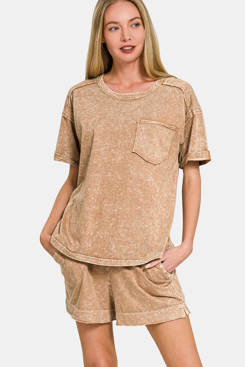 Halo Snow Washed Exposed Seam Top & Shorts Set / BROWN