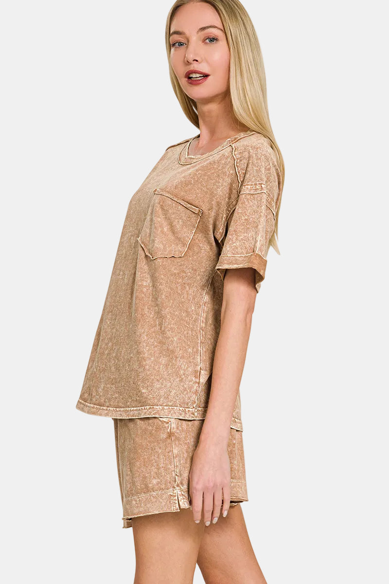 Halo Snow Washed Exposed Seam Top & Shorts Set / BROWN