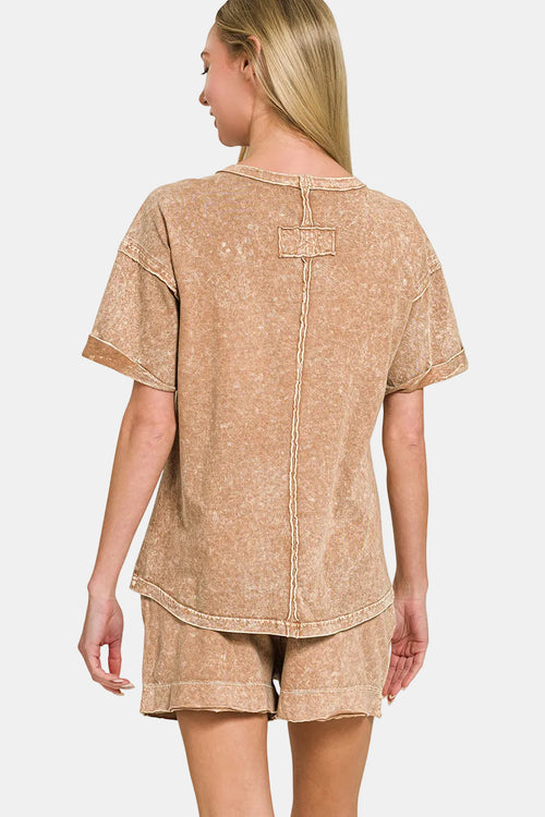 Halo Snow Washed Exposed Seam Top & Shorts Set / BROWN