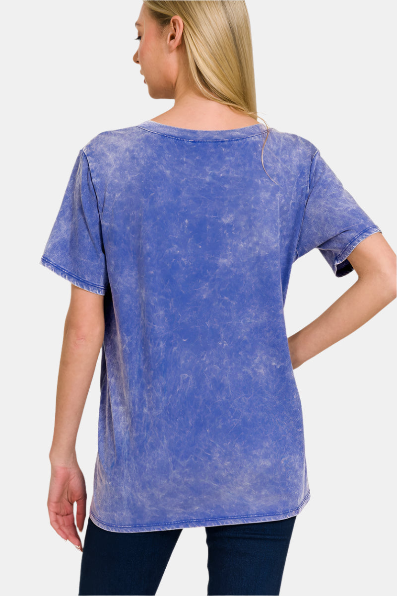 Washed Short Sleeve V-Neck Top / ASH BLACK
