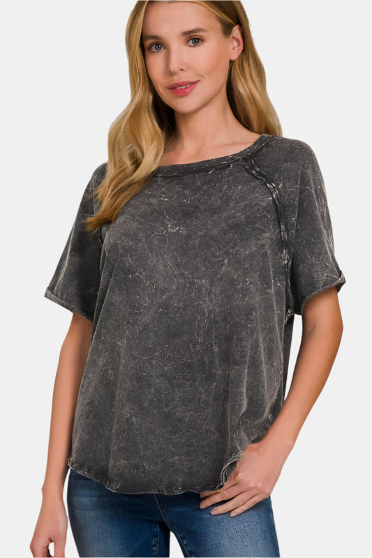 Back Patch Crinkle Washed Raglan Sleeve T-Shirt / ASH BLACK