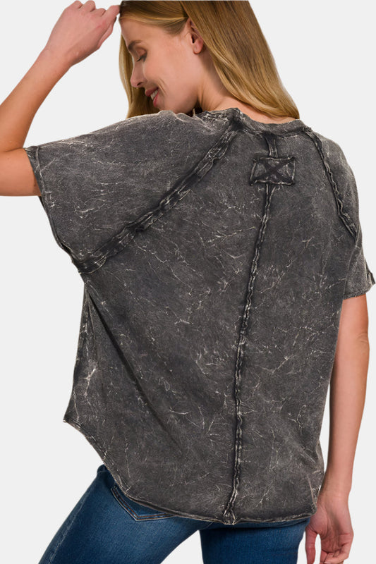 Back Patch Crinkle Washed Raglan Sleeve T-Shirt / ASH BLACK