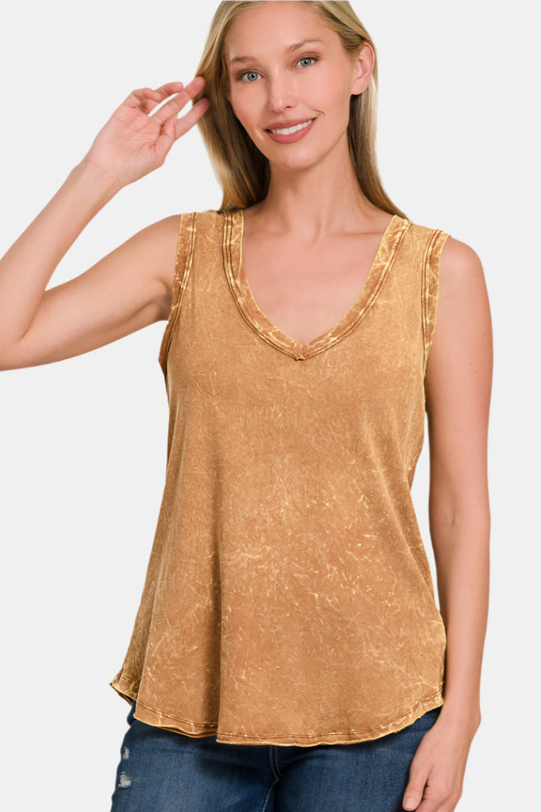 Crinkle Washed V-Neck Sleeveless Top / DEEP CAMEL