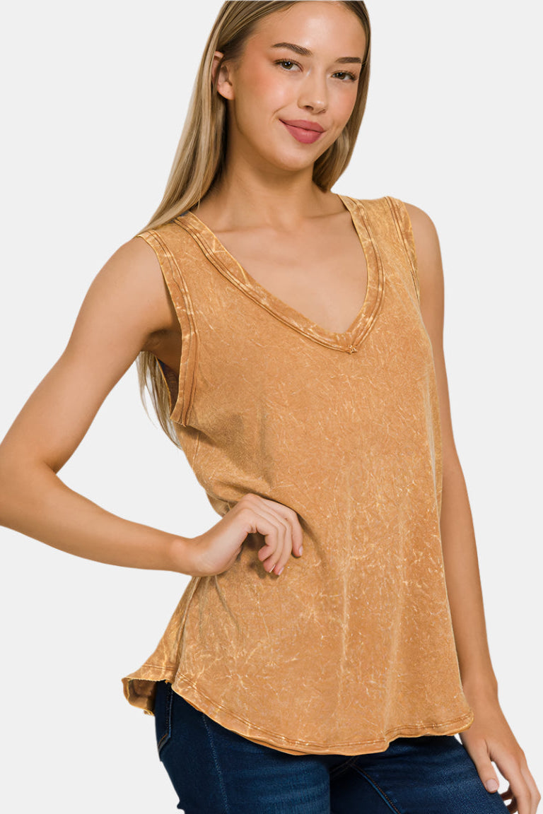Crinkle Washed V-Neck Sleeveless Top / DEEP CAMEL