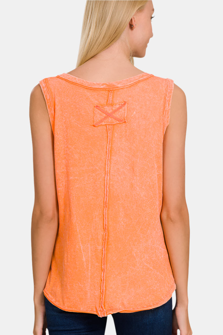 Crinkle Washed V-Neck Sleeveless Top / K GREEN