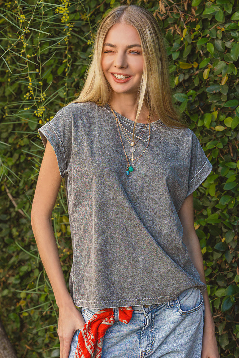 Halo Washed Cuffed Short Sleeve Tee / HOT PINK