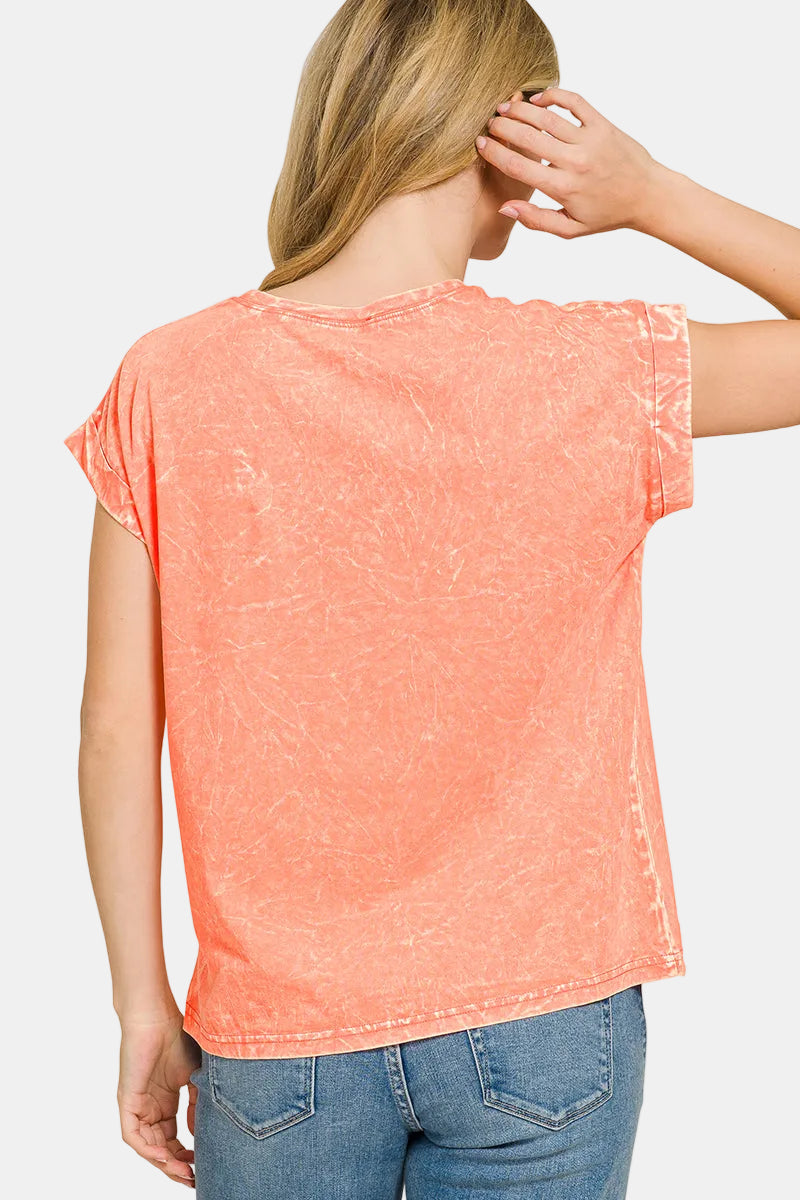 Crinkle Washed Round Neck Pocket Folded Sleeve Tee / ASH BLACK