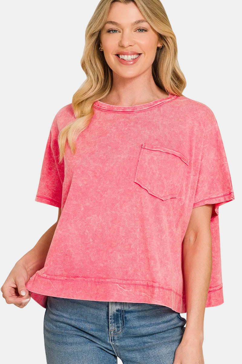 Acid Washed Oversized Top / FUCHSIA