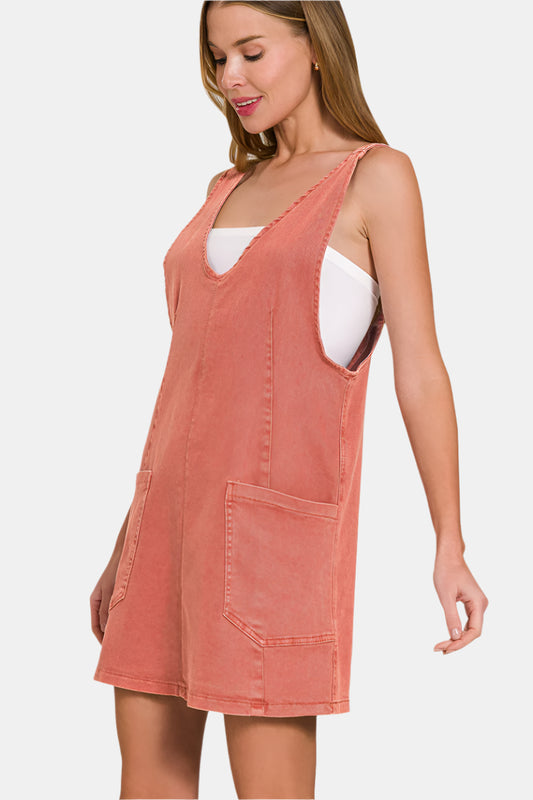 Washed Adjustable Strap Denim Overall Dress / CABERNET