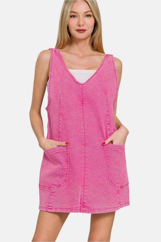 Washed Adjustable Strap Denim Overall Dress / HOT PINK