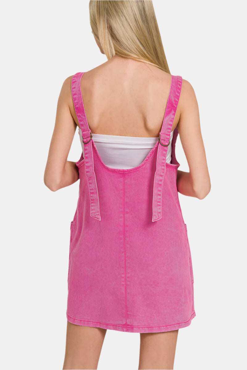 Washed Adjustable Strap Denim Overall Dress / HOT PINK