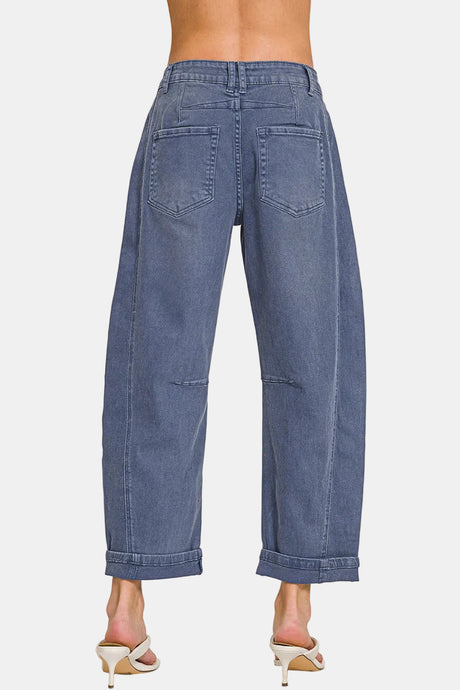 Barrel-Leg Cropped Color Denim Pants / BLACK