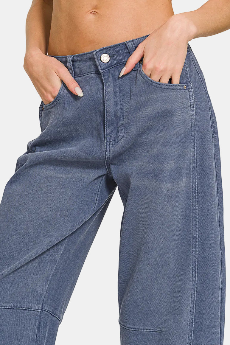 Barrel-Leg Cropped Color Denim Pants / BLACK