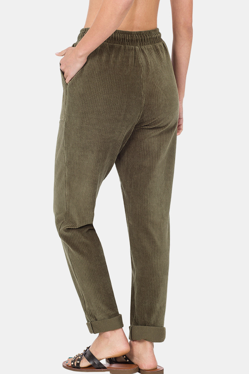 Corduroy Drawstring Cuffed Pants / BLACK