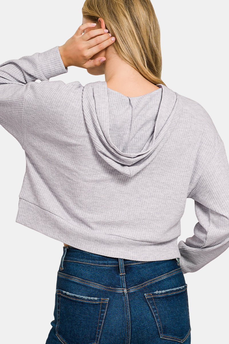 Ribbed Crop Hoodie Pullover / DUSTY BLUE