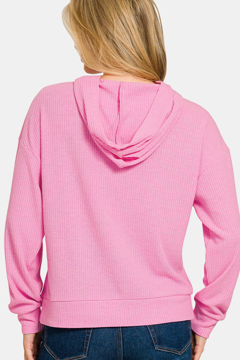 Ribbed Hooded Pullover / BROWN
