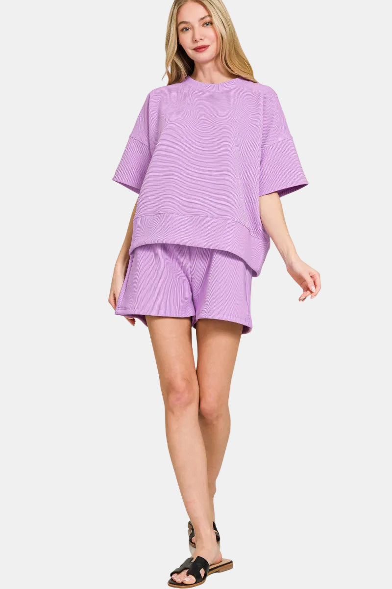 Ribbed Round Neck Waist Banded Tee & Shorts Set / DEEP CAMEL