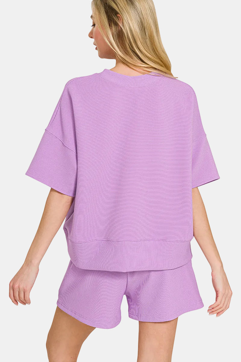 Ribbed Round Neck Waist Banded Tee & Shorts Set / DEEP CAMEL