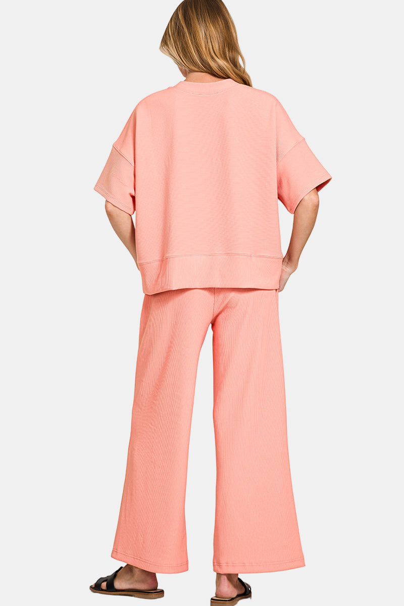 Ribbed Round Neck Tee & Pants Set / RUBY