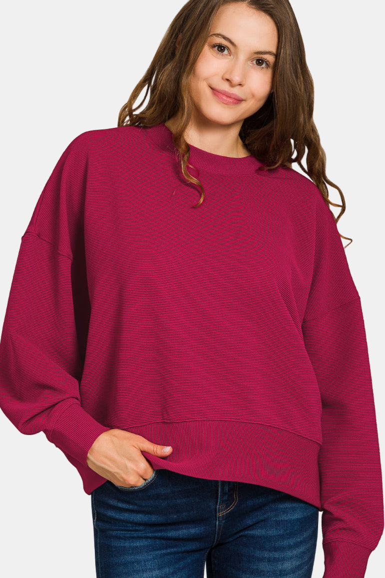 Ribbed Round Neck Pullover & Pants Set / BLUE GREY