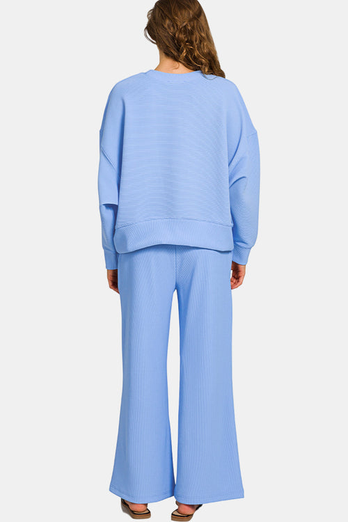 Ribbed Round Neck Pullover & Pants Set / BLUE GREY