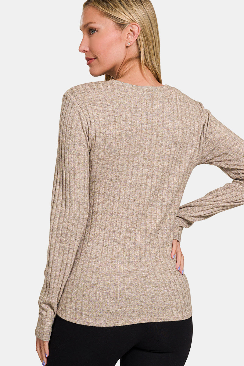 Ribbed Long Sleeve Round Neck Top / MAUVE