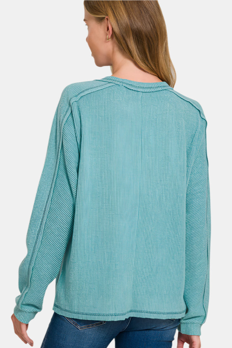 Brushed Ribbed Hacci Round Neck Sweater / CLASSIC BLUE