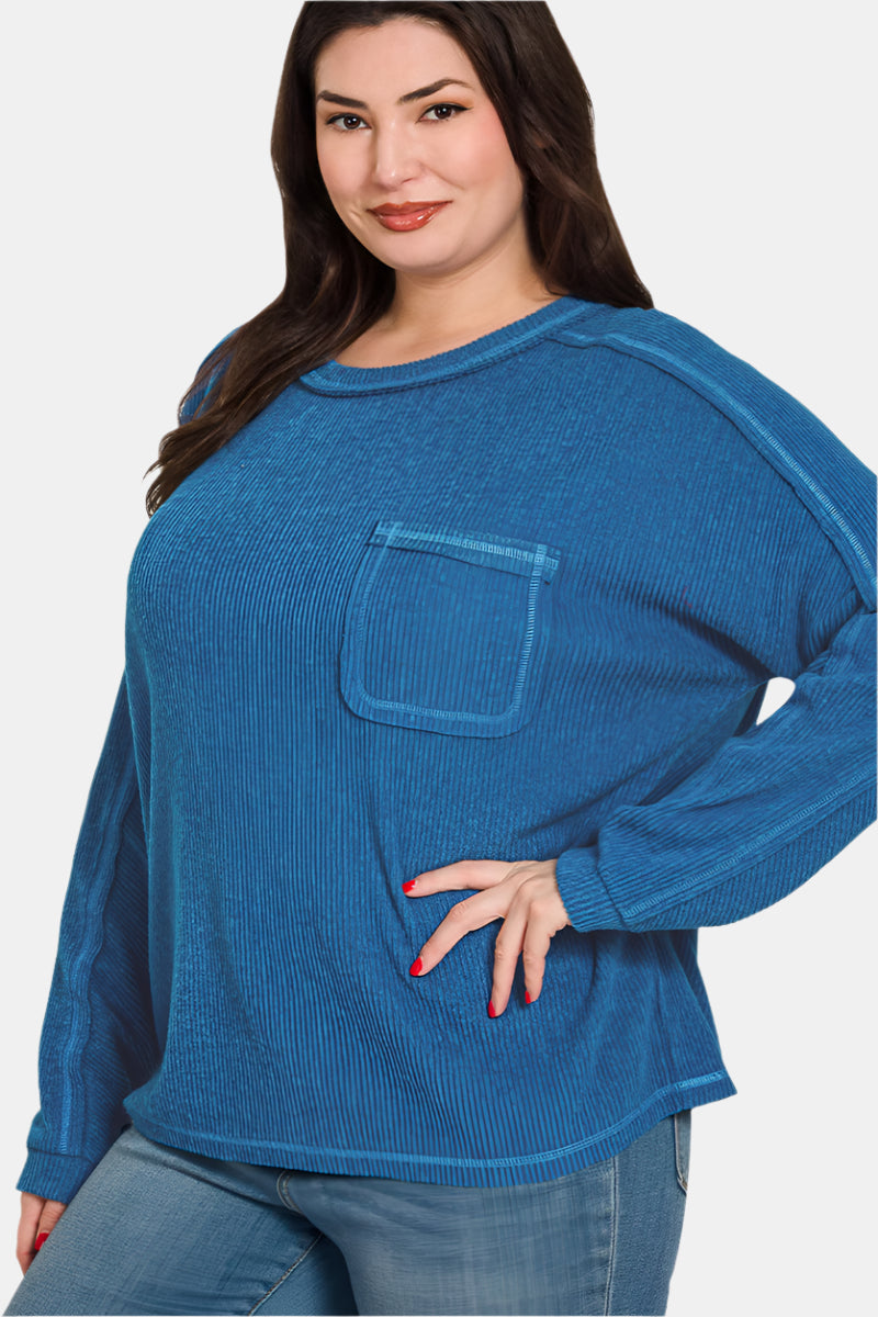 Brushed Ribbed Hacci Round Neck Sweater / CLASSIC BLUE