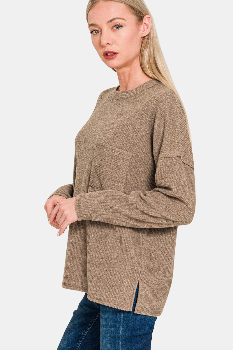 Ribbed Brushed Melange Hacci Sweater With a Pocket / DK PINK