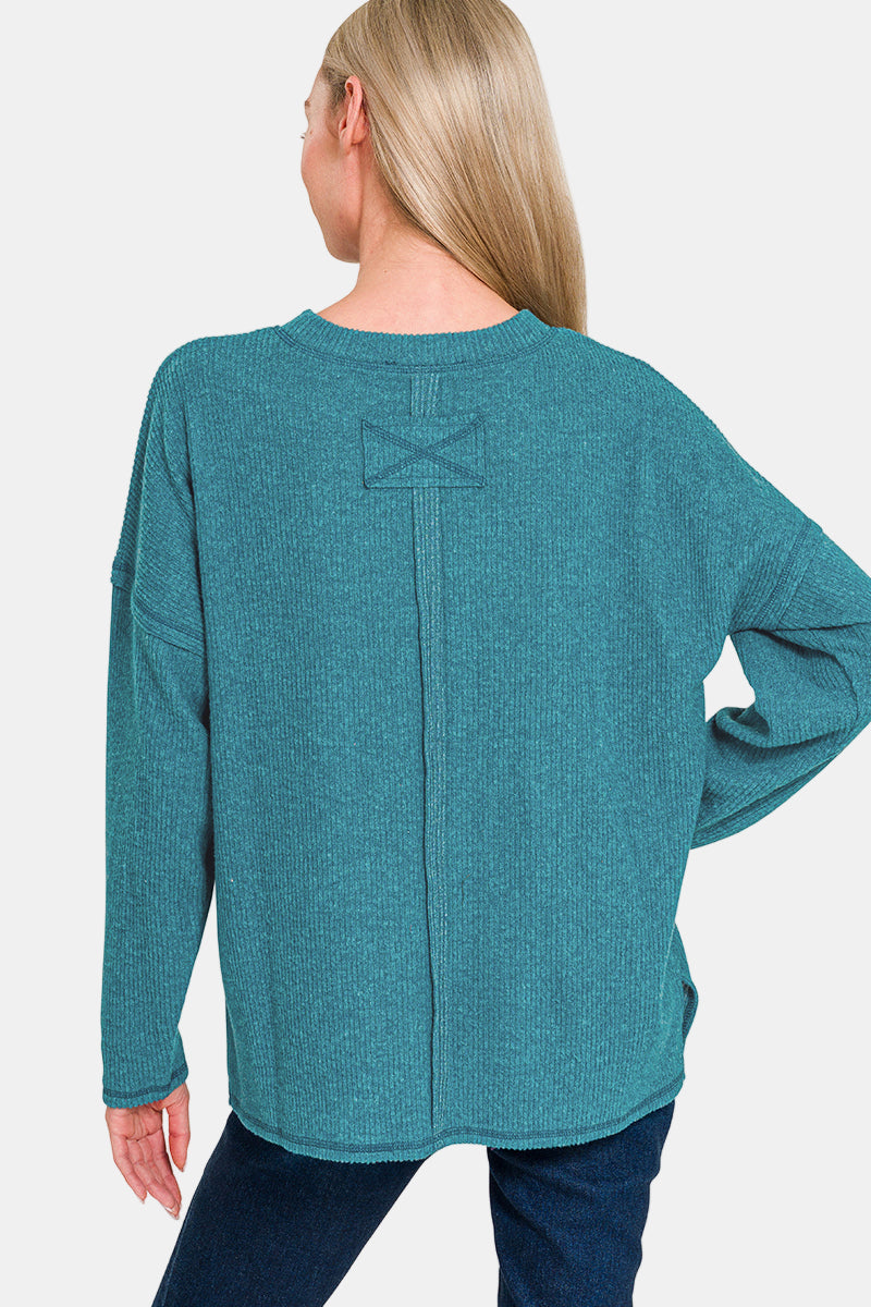 Ribbed Brushed Melange Hacci Sweater With a Pocket / DK PINK