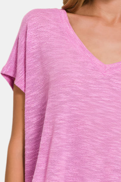 Hacci Slub V-Neck Drop Shoulder Crop Top / BRIGHT MAUVE