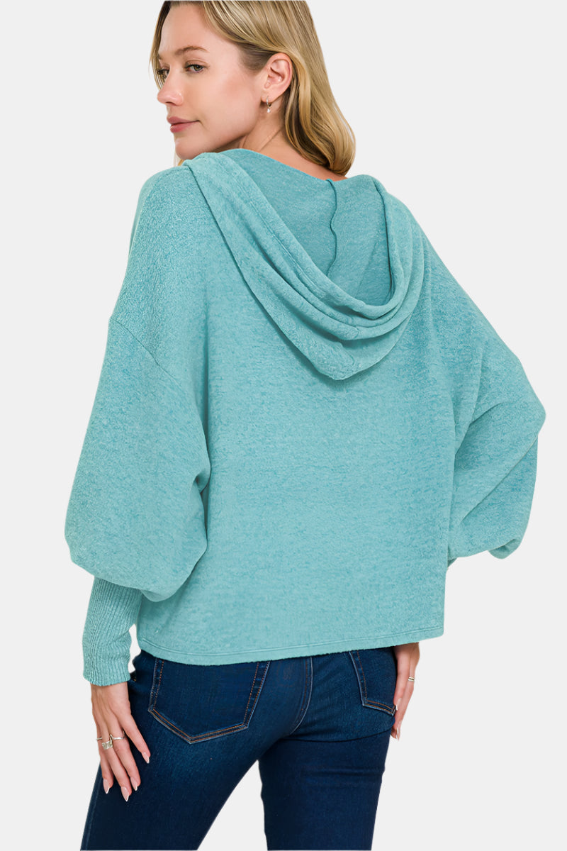 Soft Brushed Hacci Cropped Balloon Sleeve Hoodie / SAND BEIGE