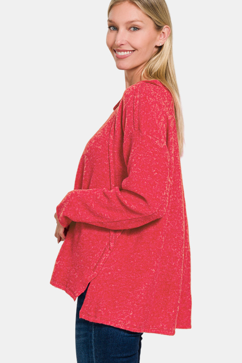 Brushed Hacci Exposed Seam Hi Low Sweater / LT PLUM