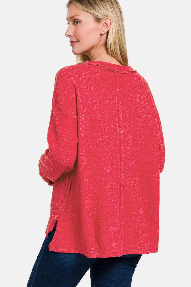 Brushed Hacci Exposed Seam Hi Low Sweater / LT PLUM