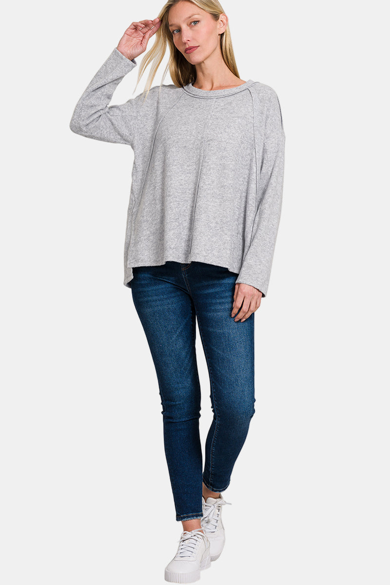 Brushed Hacci Exposed Seam Hi Low Sweater / LT PLUM