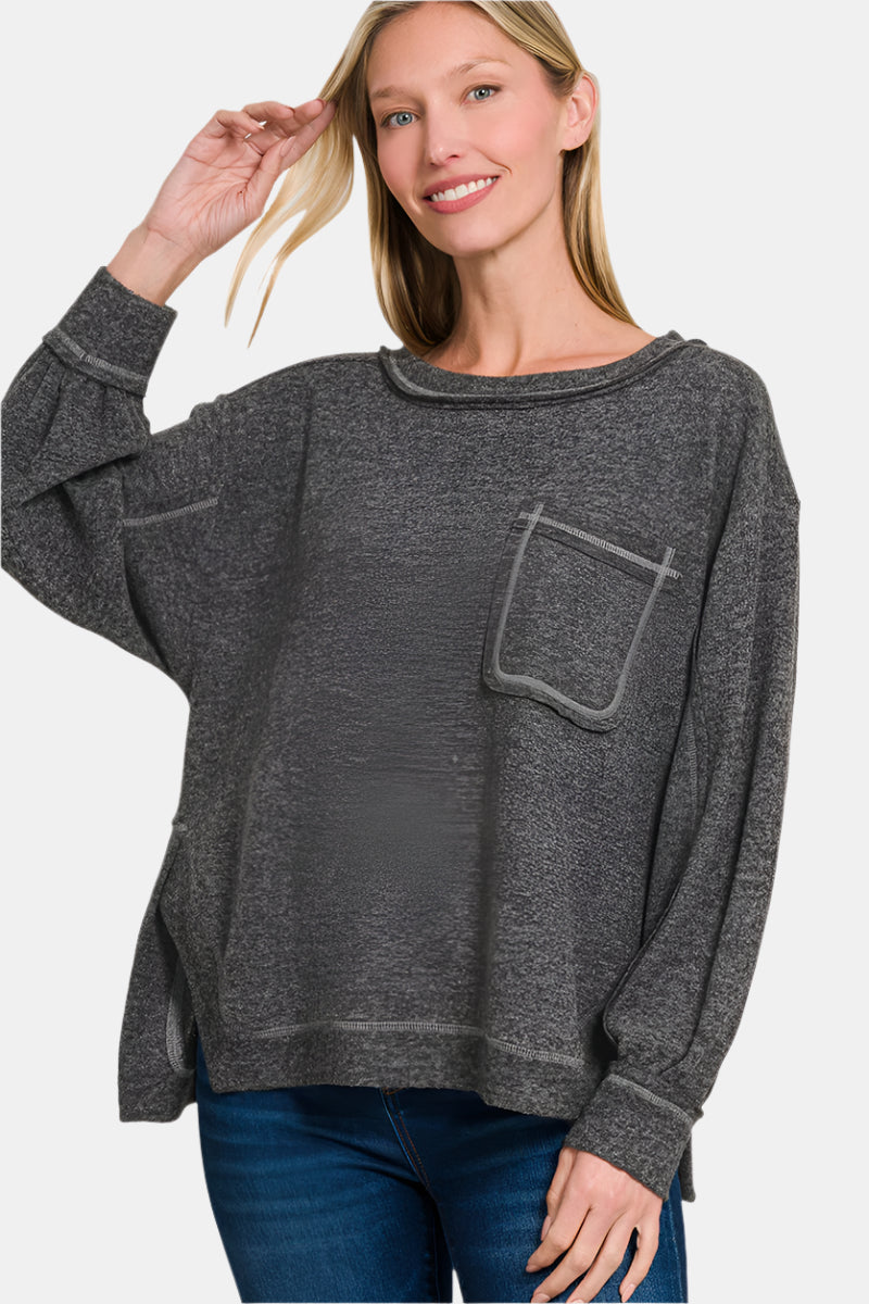 Brushed Hacci Hi-Low Round Neck Sweater / BLACK
