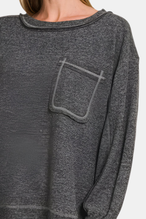 Brushed Hacci Hi-Low Round Neck Sweater / BLACK