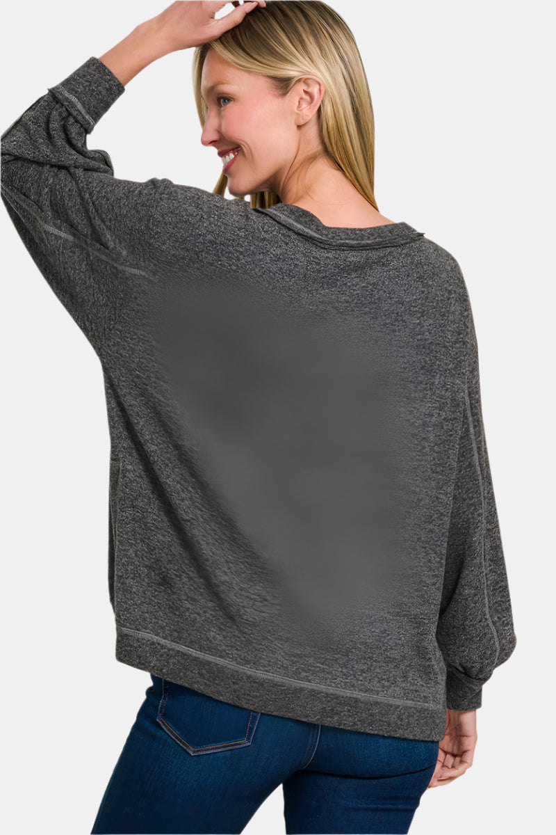 Brushed Hacci Hi-Low Round Neck Sweater / BLACK