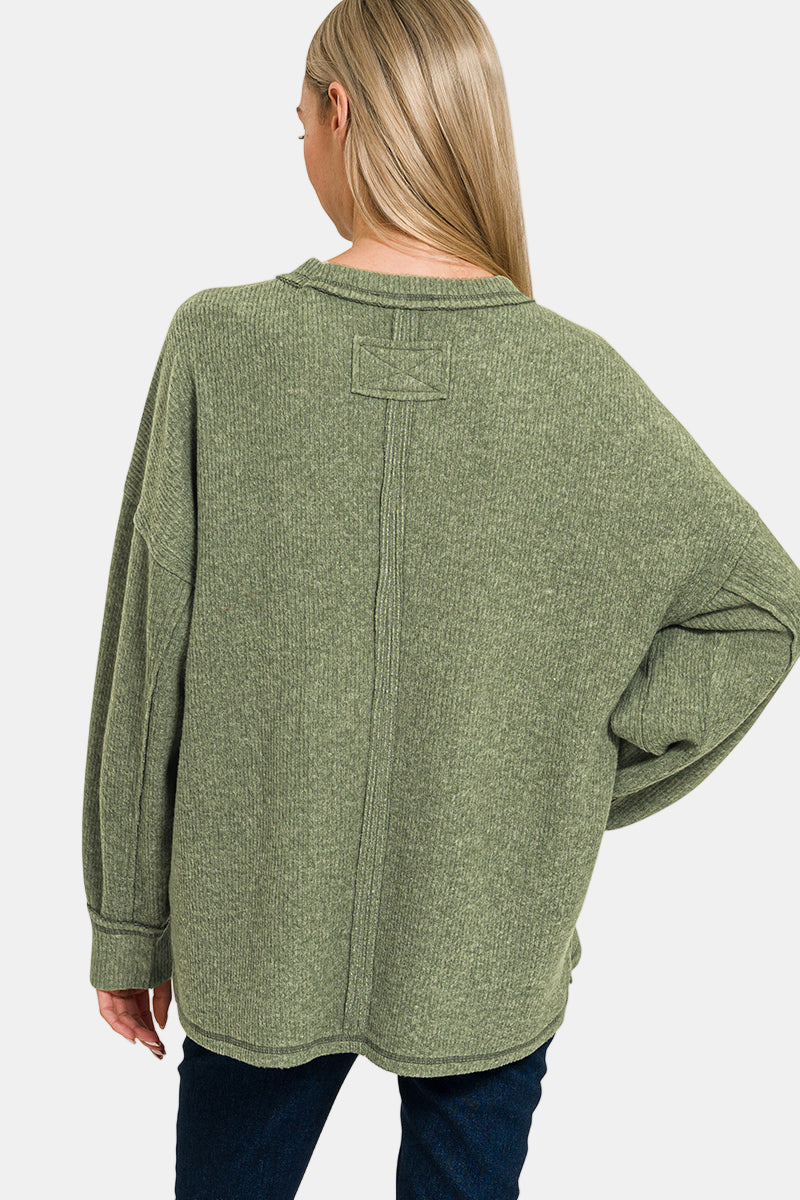 Brushed Ribbed Hacci Exposed Seam Drop Shoulder Sweater / BLACK