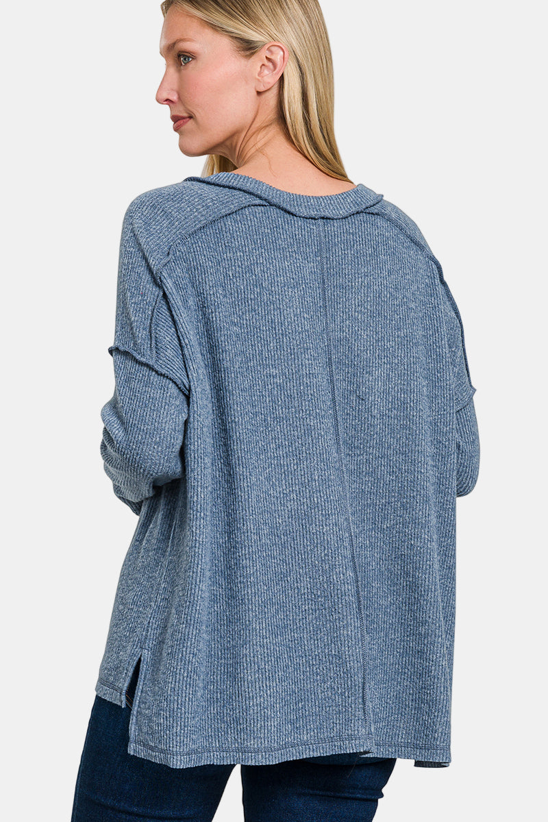 Brushed Ribbed Hacci Drop Shoulder V-Neck Sweater / MARLIN