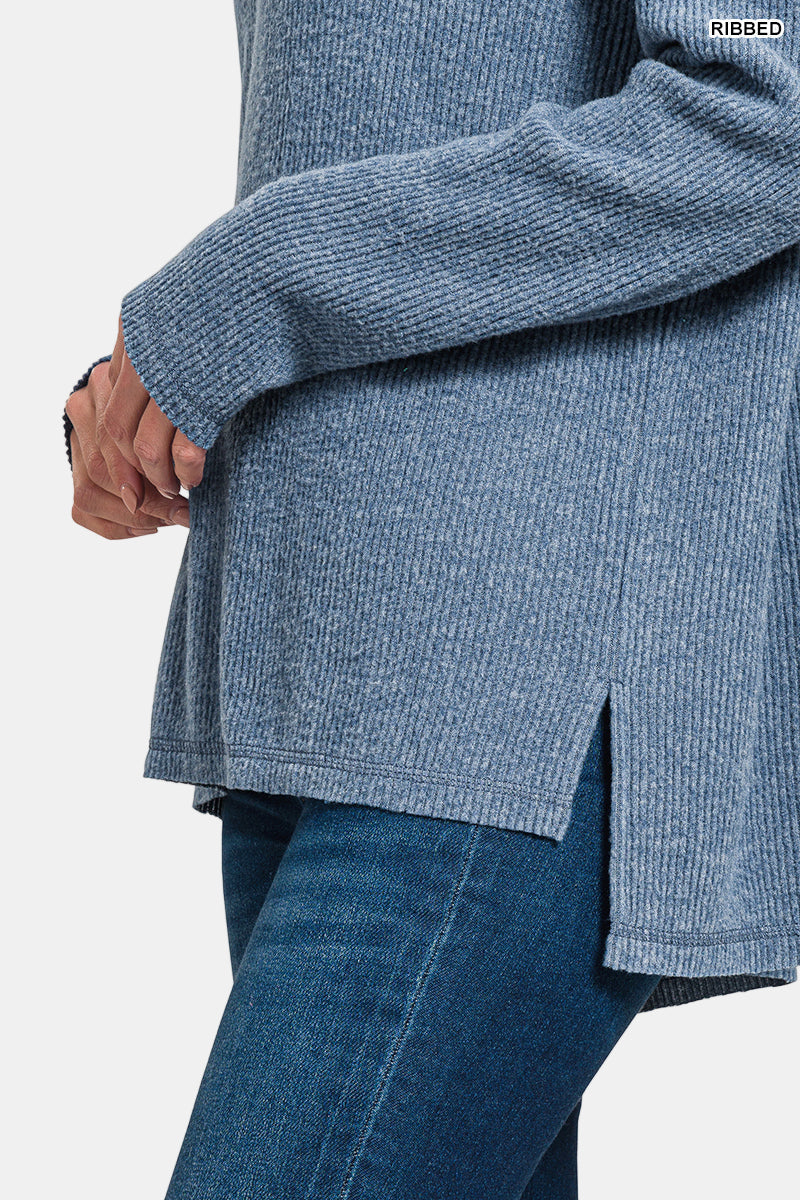 Brushed Ribbed Hacci Drop Shoulder V-Neck Sweater / MARLIN