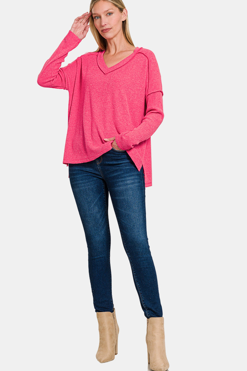 Brushed Ribbed Hacci Drop Shoulder V-Neck Sweater / MARLIN